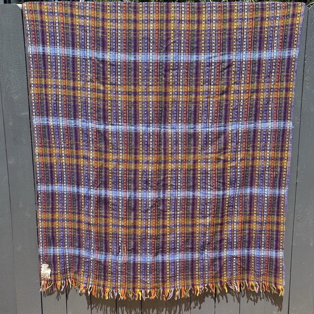 Vintage Amana Plaid Woven Wool Throw Blanket 54X70 Fringe Boho Western MCM 70s